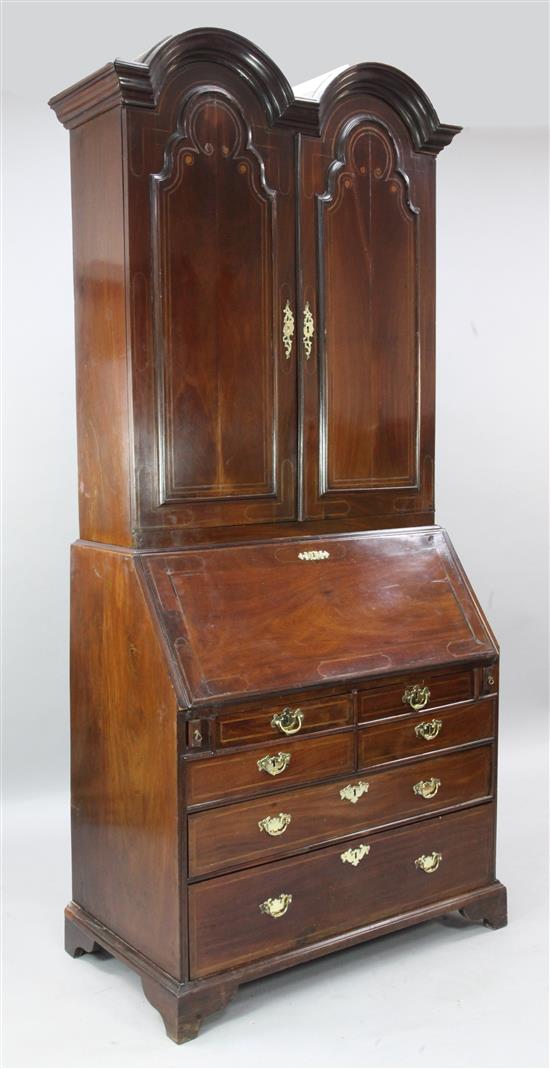 An 18th century Dutch inlaid mahogany double dome top bureau bookcase, W.3ft 4in. D.1ft 9in. H.6ft 10in.